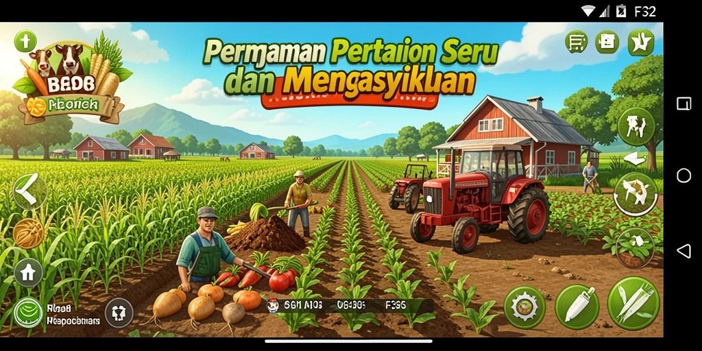 Screenshot F32 menampilkan kebun yang subur dengan tanaman berwarna-warni dan hewan ternak.
